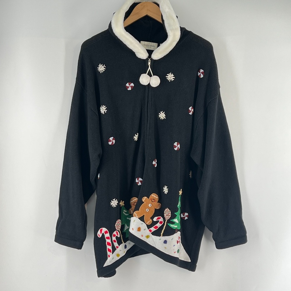 Vtg Lemon Grass Petite? Gingerbread Candy Christmas Sweater Hoodie 3X WP Beaded